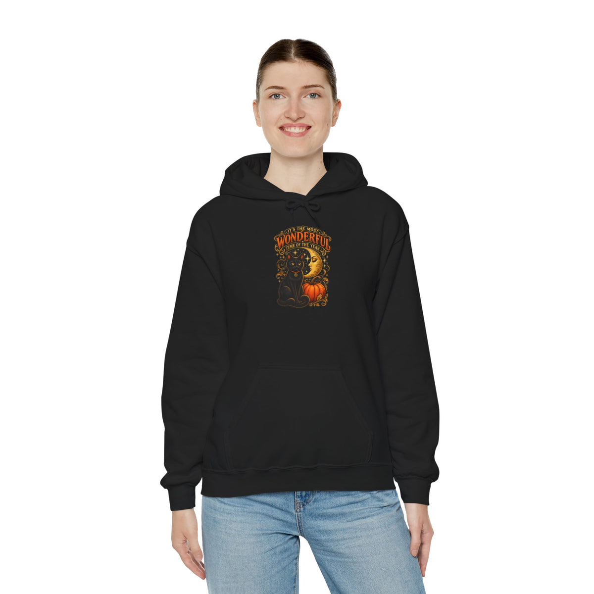 Halloween Black Cat Moon Hoodie – Vintage Pumpkin & Crescent Moon Fall Sweatshirt