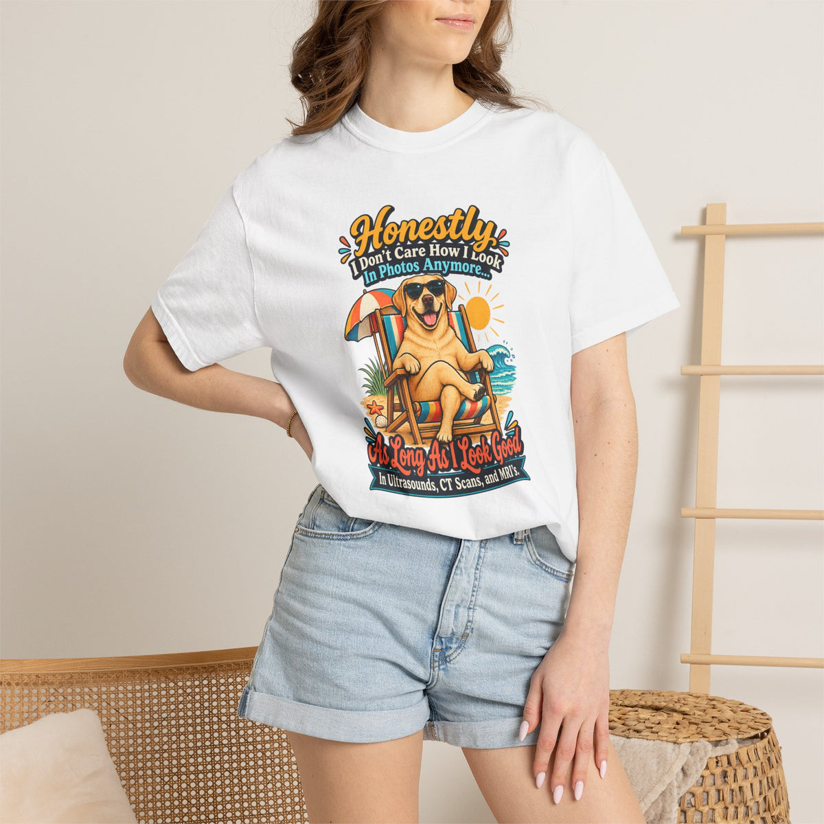 Honestly I Don’t Care How I Look In Photos Anymore T-Shirt — Funny Beach Dog Graphic Tee