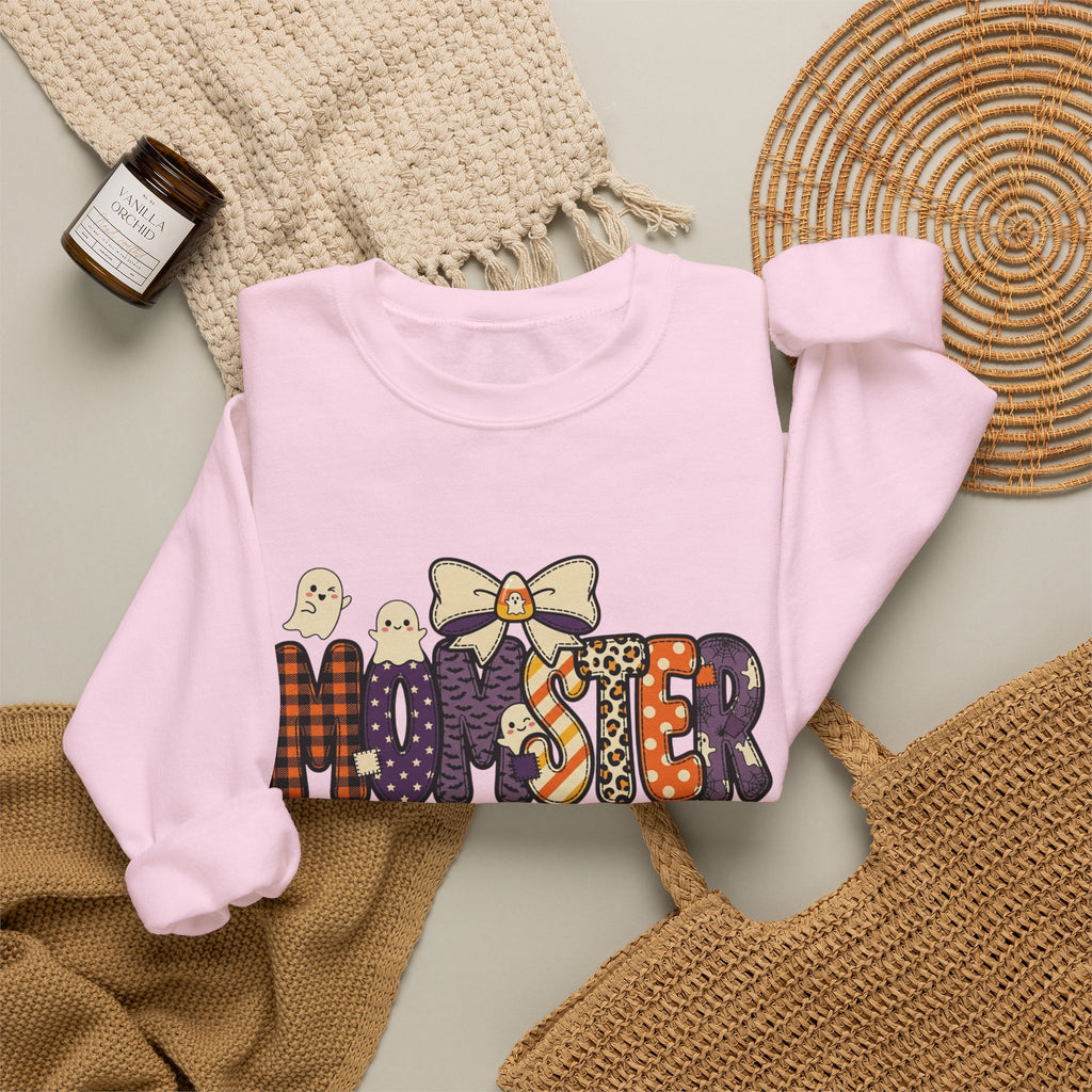Momster Halloween Sweater | Momster Crewneck Sweatshirt, Halloween mom, purple orange spooky lettering