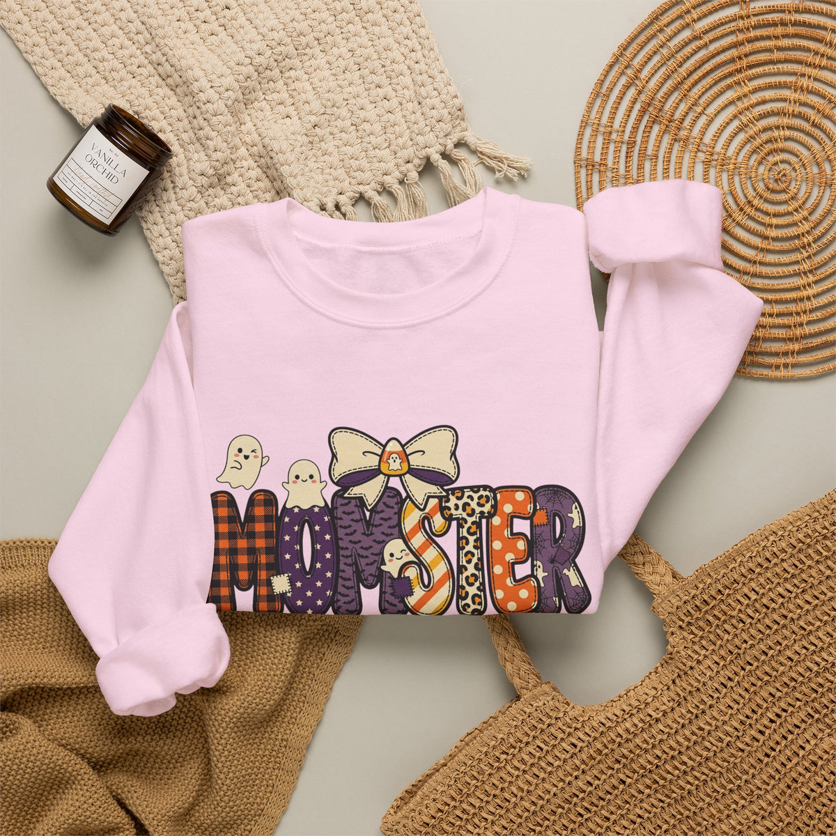 Momster Halloween Sweater | Momster Crewneck Sweatshirt, Halloween mom, purple orange spooky lettering