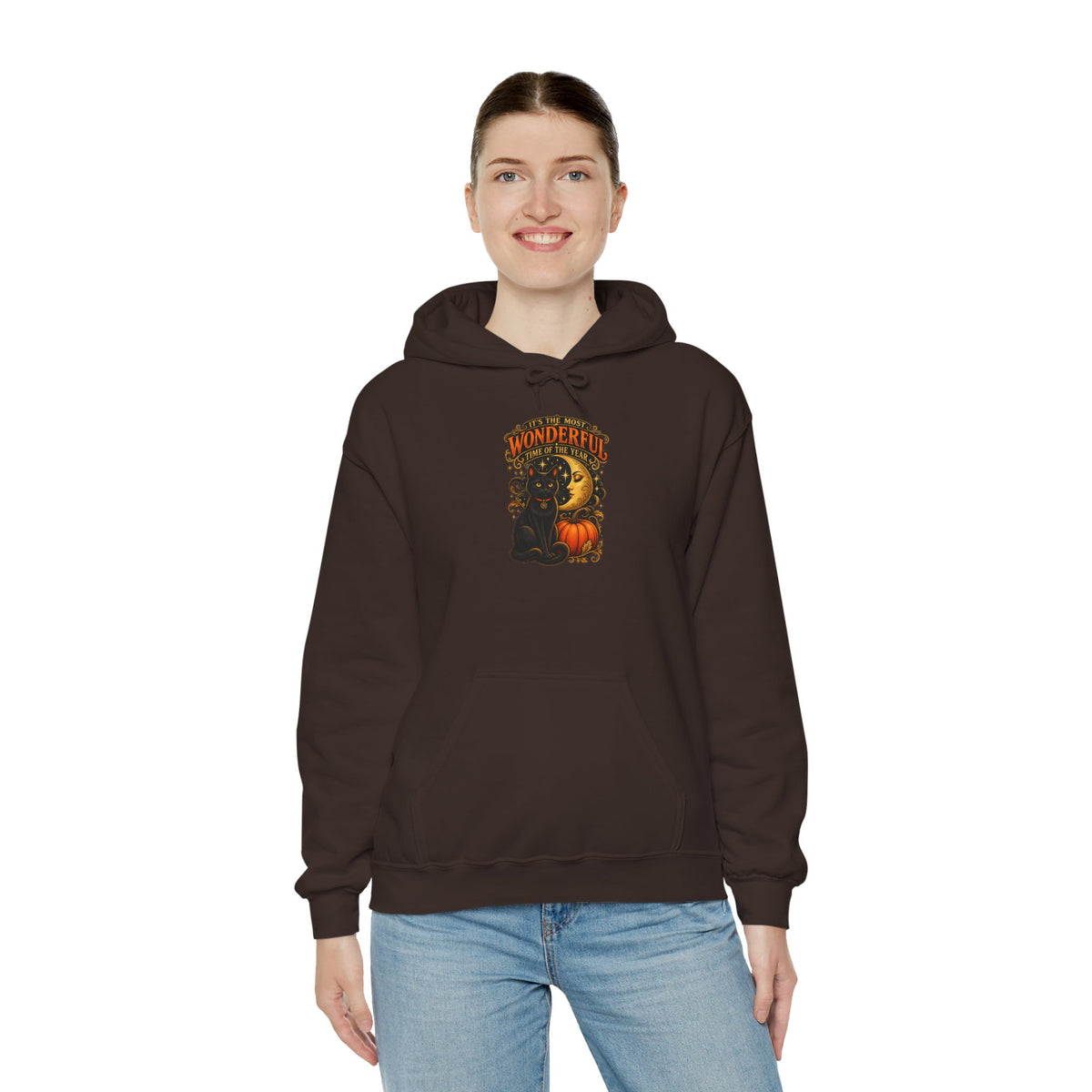 Halloween Black Cat Moon Hoodie – Vintage Pumpkin & Crescent Moon Fall Sweatshirt