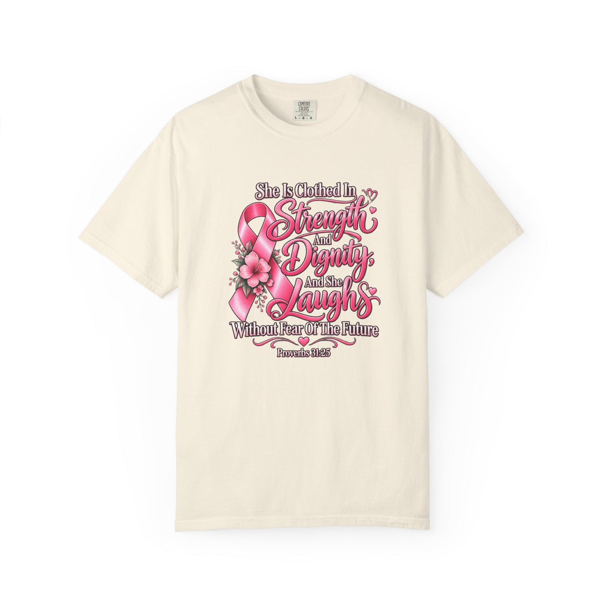 Breast Cancer Awareness T-Shirt — "She is Clothed in Strength" Pink Ribbon Tee
