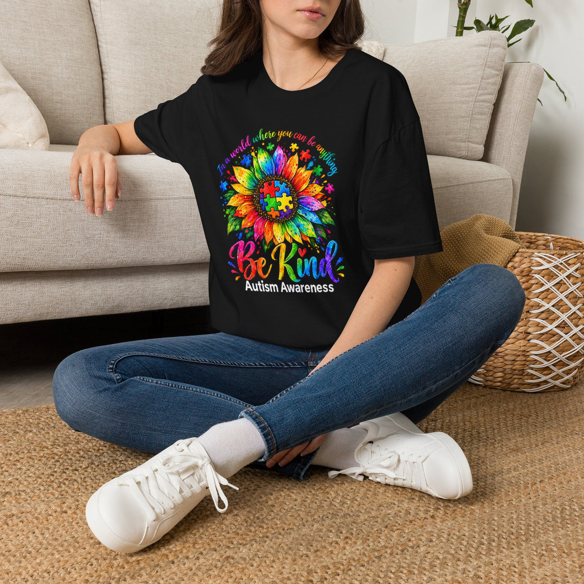 Autism Awareness Sunflower T-Shirt — 'Be Kind' Rainbow Puzzle Design