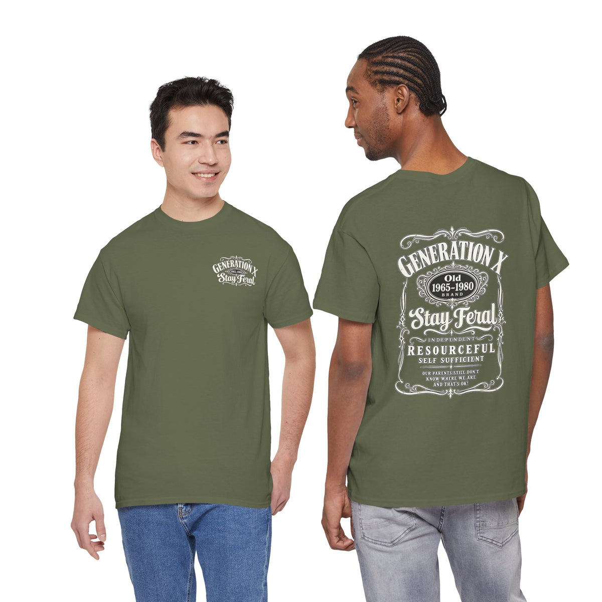 Generation X T‑Shirt — 'Stay Feral' Vintage Whiskey Label Tee (Born 1965–1980)