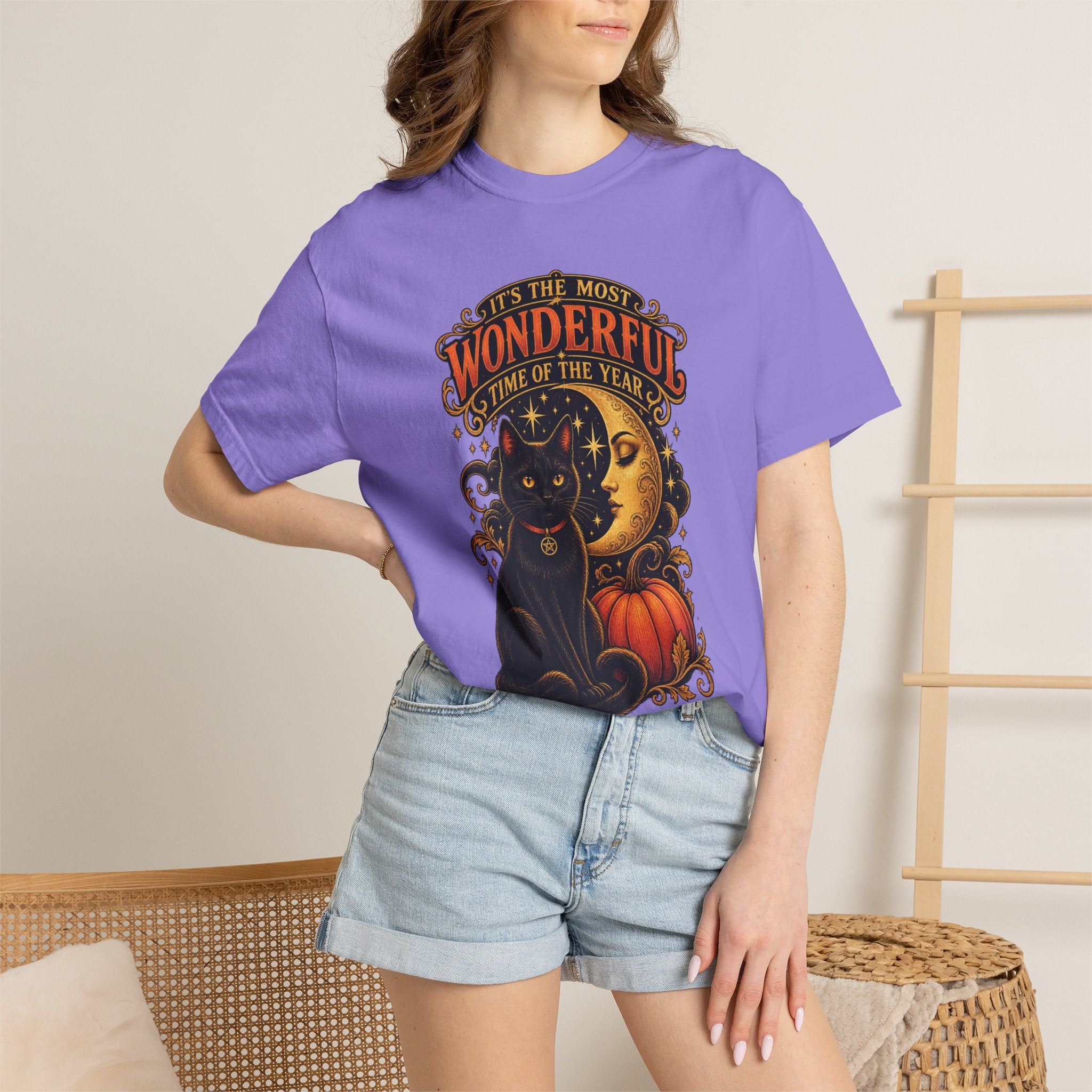 T-Shirt — "It's the Most Wonderful Time of the Year" Halloween Black Cat & Pumpkin