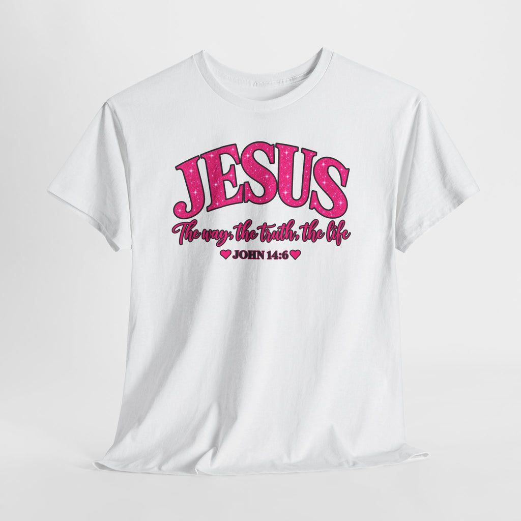 Christian T-Shirt — "JESUS The way, the truth, the life" (John 14:6) Pink Vintage Script