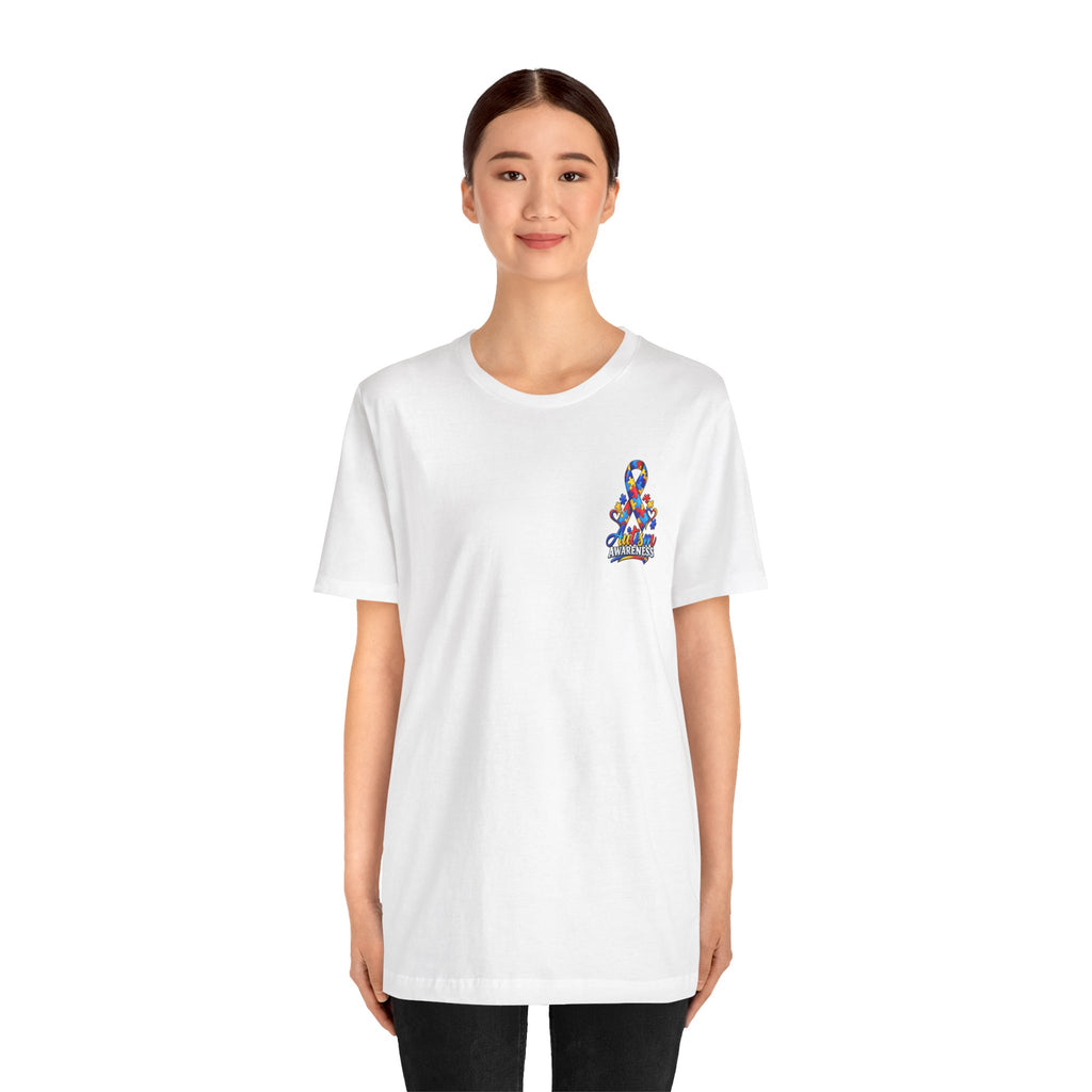 Autism Awareness Ribbon Chest Tee — 'Different, Not Less' Short Sleeve T-Shirt