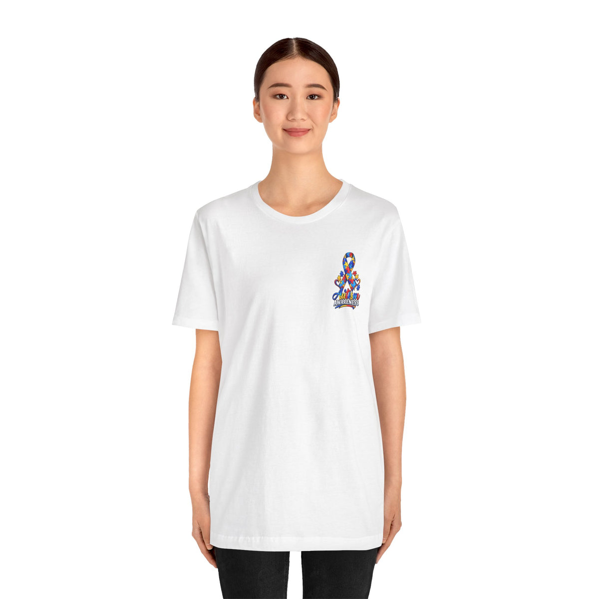 Autism Awareness Ribbon Chest Tee — 'Different, Not Less' Short Sleeve T-Shirt