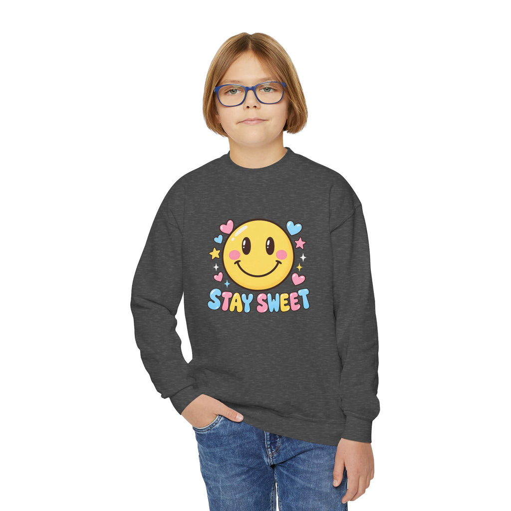 Youth Crewneck Sweatshirt — Cute Smiley "Stay Sweet" Graphic, Kids Cozy Pullover
