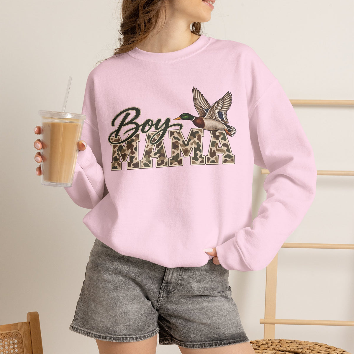 Boy Mama Crewneck Sweatshirt — Camo Lettering with Flying Duck
