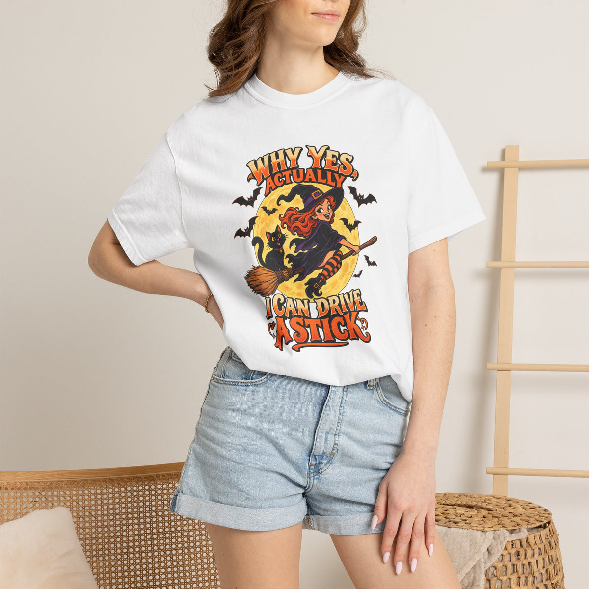 Witch Broom Halloween T-Shirt — "Why Yes Actually I Can Drive A Stick"