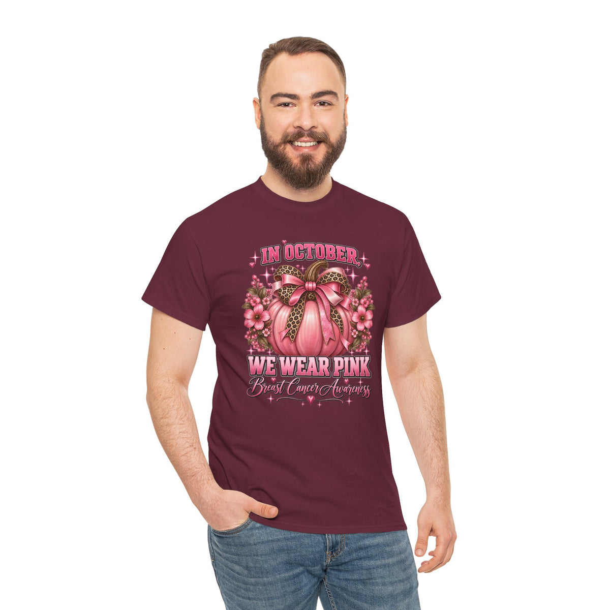 Breast Cancer Awareness T-Shirt — "In October We Wear Pink" Pumpkin Design