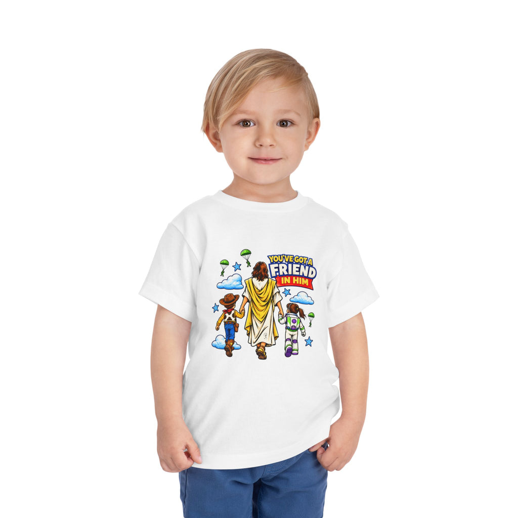 Toddler Tee — "You’ve Got a Friend in Him" Cartoon Faith & Toy Heroes Shirt