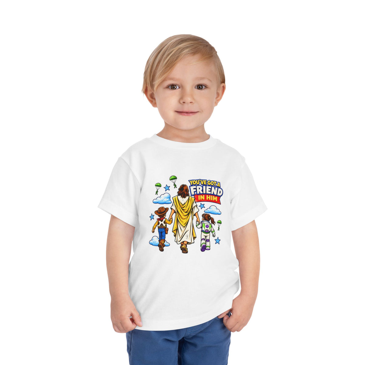 Toddler Tee — "You’ve Got a Friend in Him" Cartoon Faith & Toy Heroes Shirt
