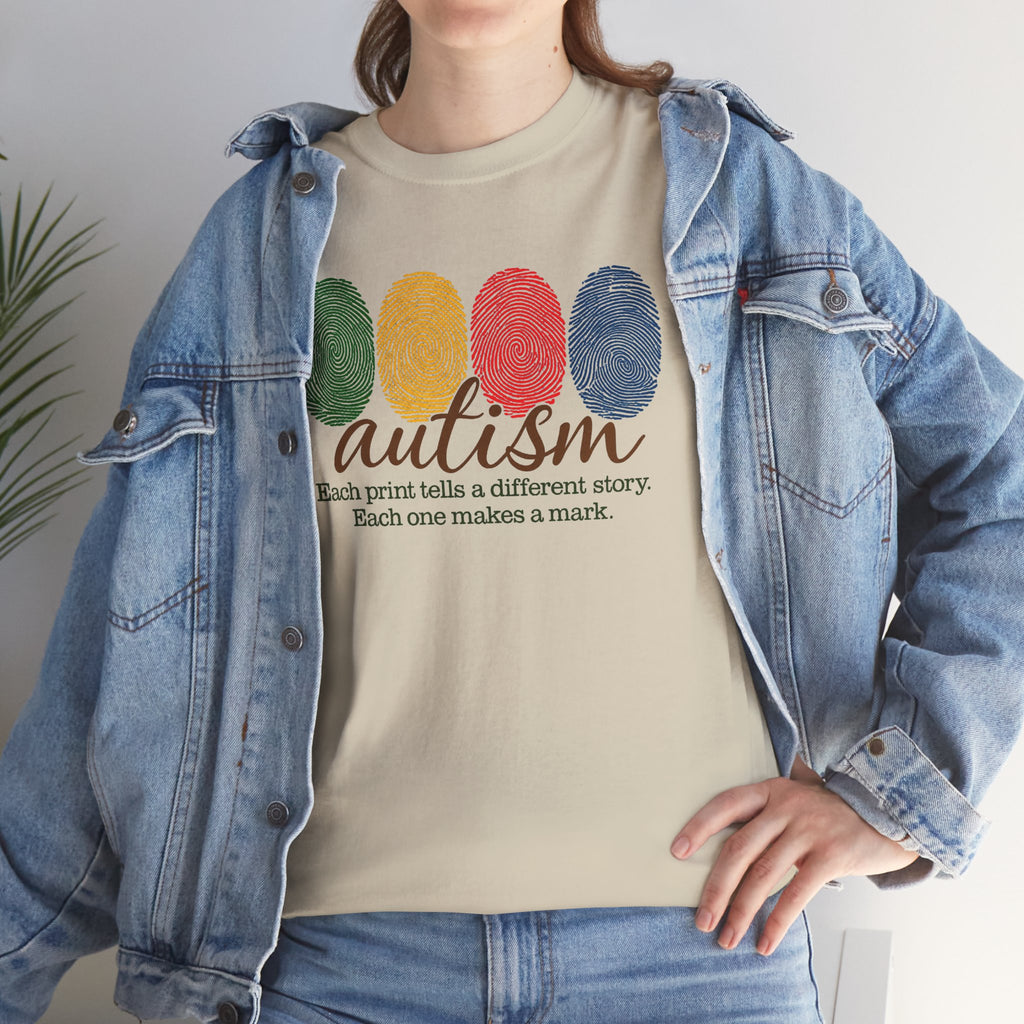Autism Awareness T-Shirt — "Each Print Tells a Different Story" Colorful Fingerprint Tee
