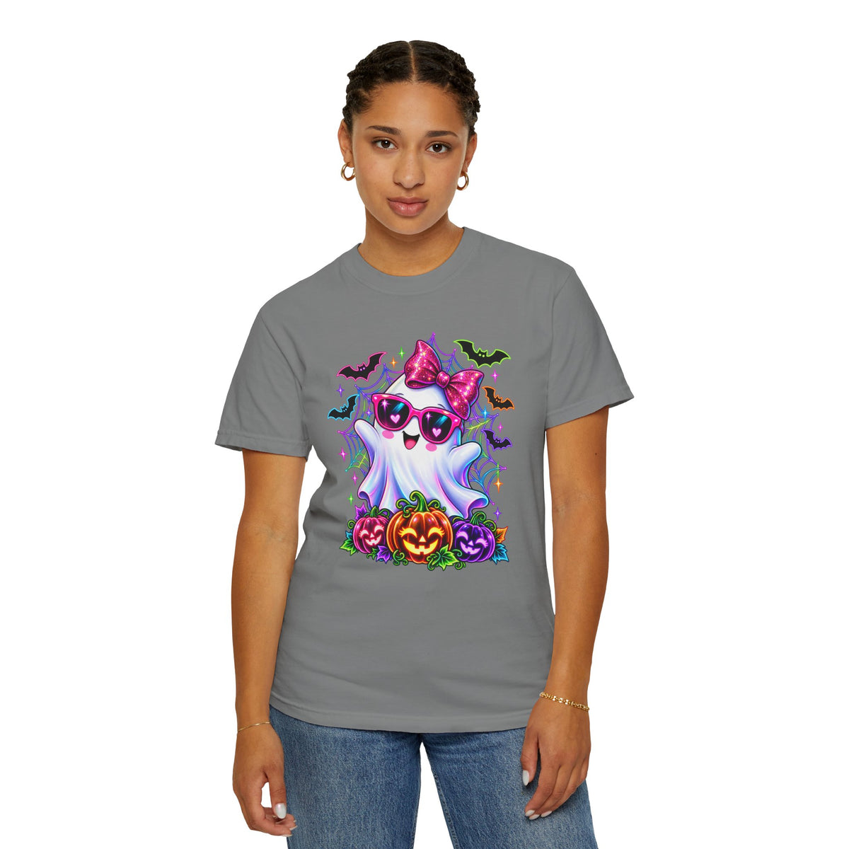 Cute Halloween Ghost T-Shirt — Pink Bow Ghost with Sunglasses & Pumpkins