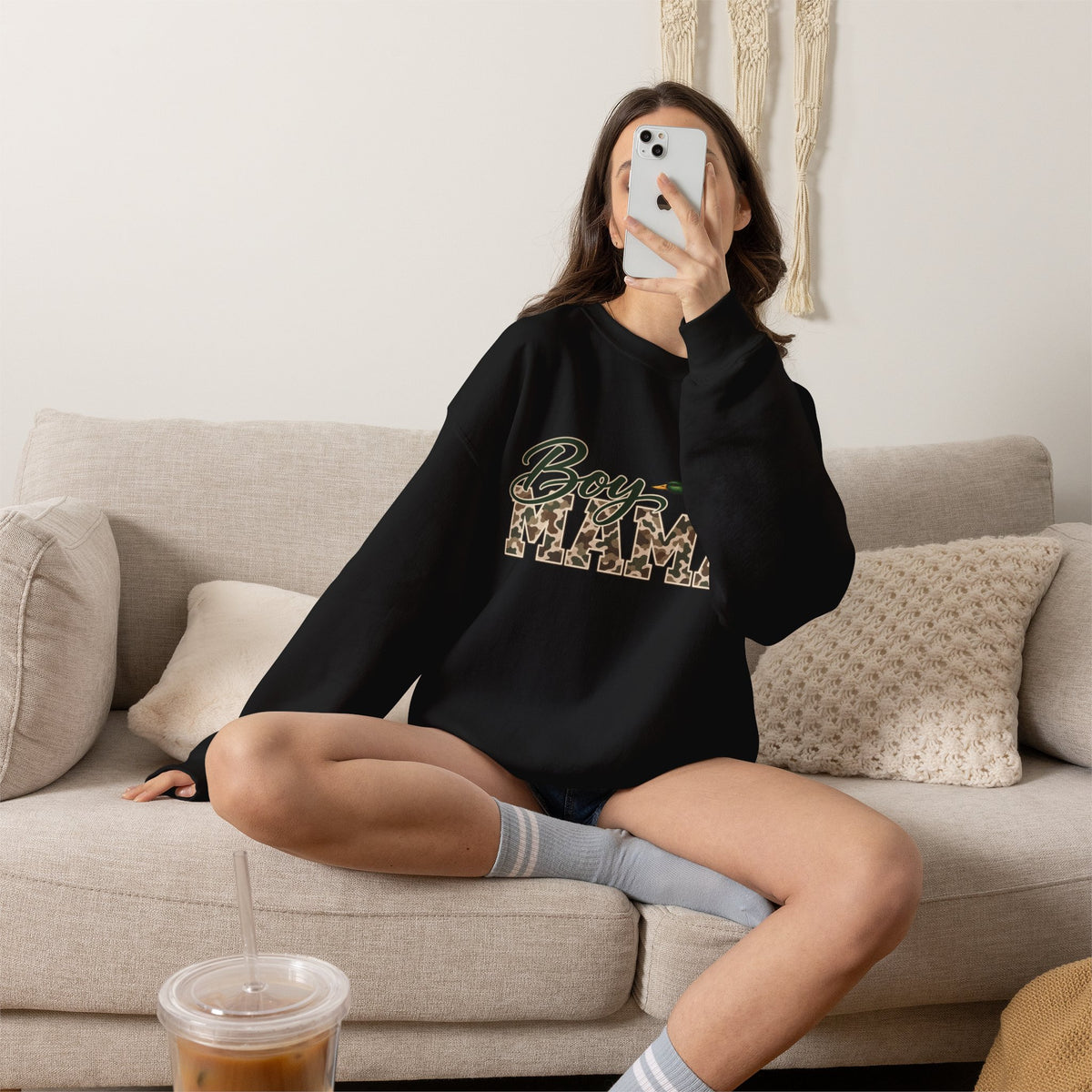 Boy Mama Crewneck Sweatshirt — Camo Lettering with Flying Duck