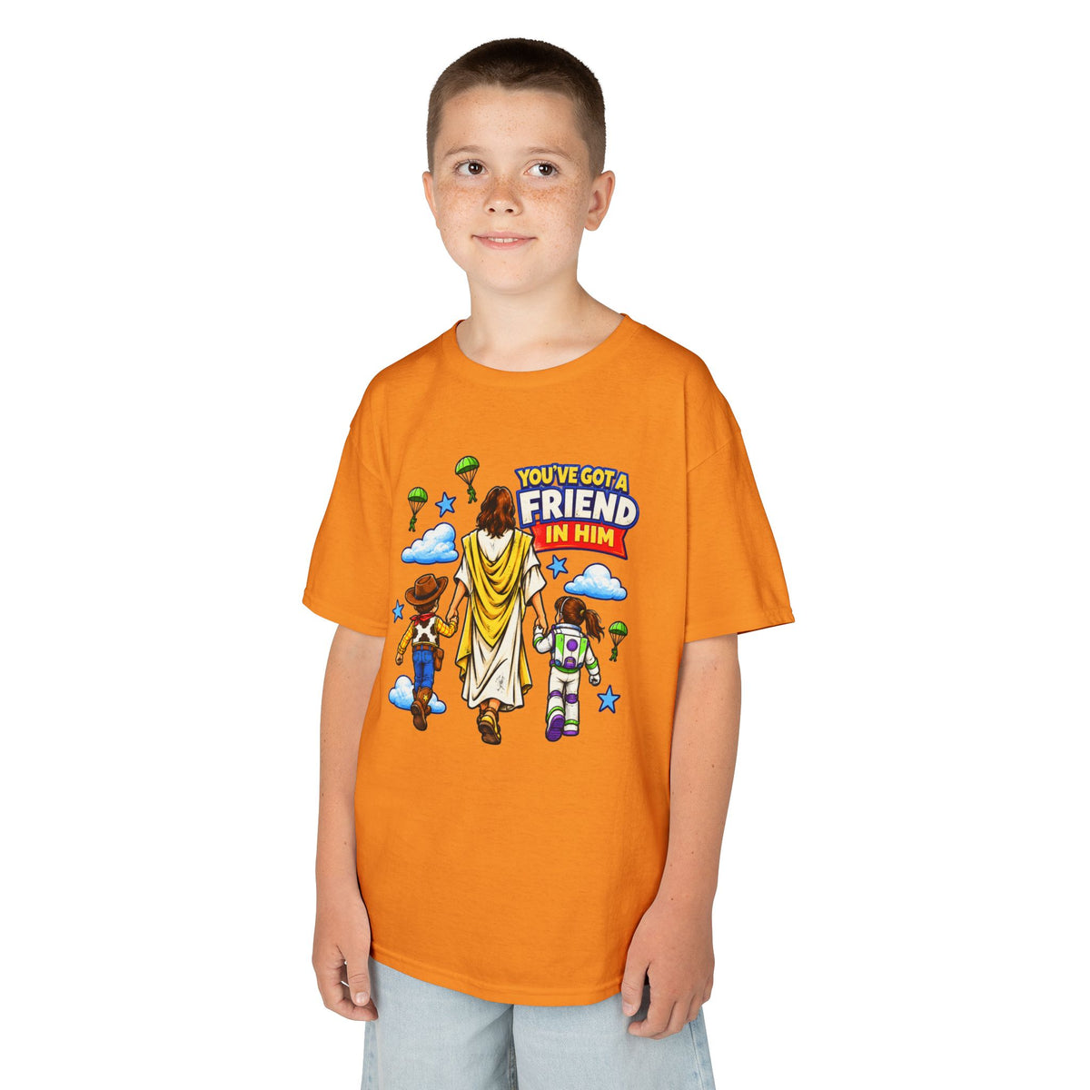 Kids Tee — "You've Gotta Friend in Him" Inspirational Jesus & Toy Friends Graphic