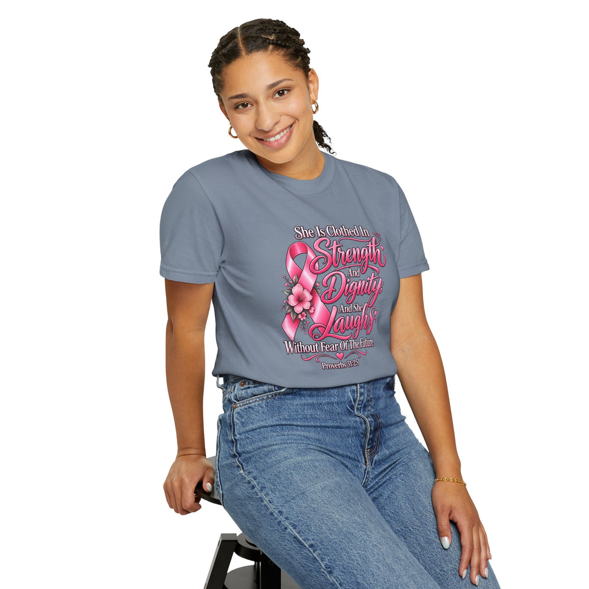 Breast Cancer Awareness T-Shirt — "She is Clothed in Strength" Pink Ribbon Tee