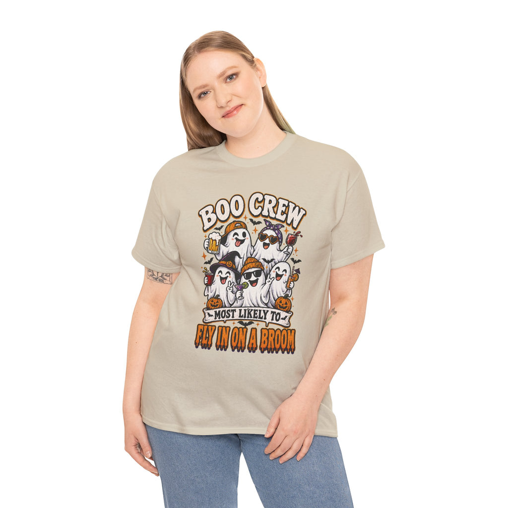 Boo Crew T-Shirt — “Most Likely to Fly on a Broom” Halloween Ghost Tee