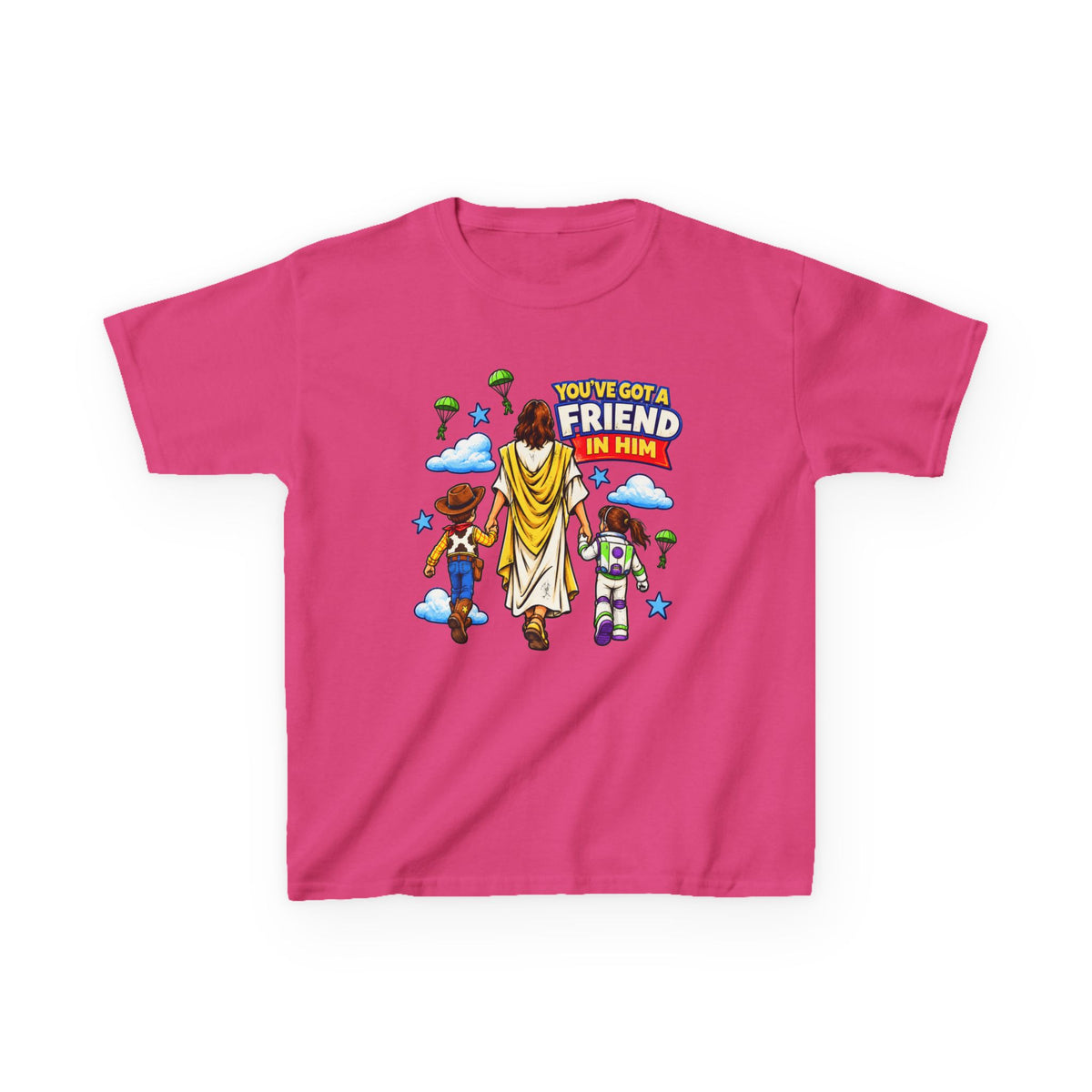 Kids Tee — "You've Gotta Friend in Him" Inspirational Jesus & Toy Friends Graphic