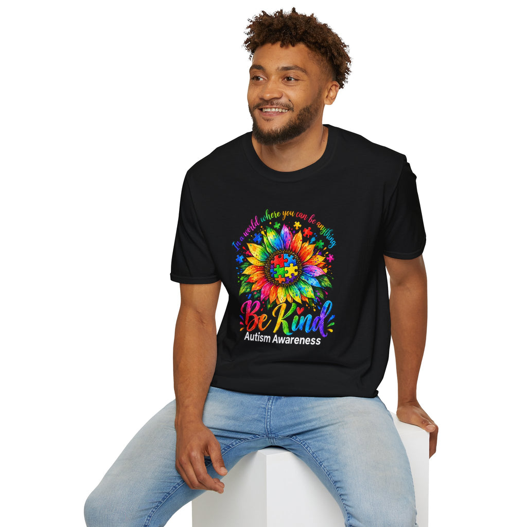 Autism Awareness Sunflower T-Shirt — 'Be Kind' Rainbow Puzzle Design