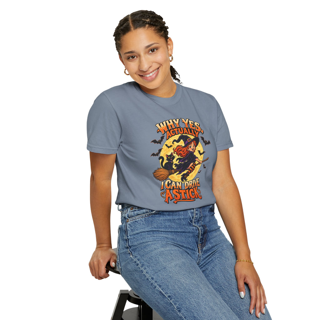 Witch Broom Halloween T-Shirt — "Why Yes Actually I Can Drive A Stick"