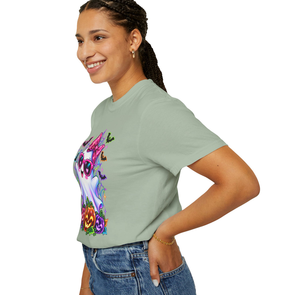 Cute Halloween Ghost T-Shirt — Pink Bow Ghost with Sunglasses & Pumpkins