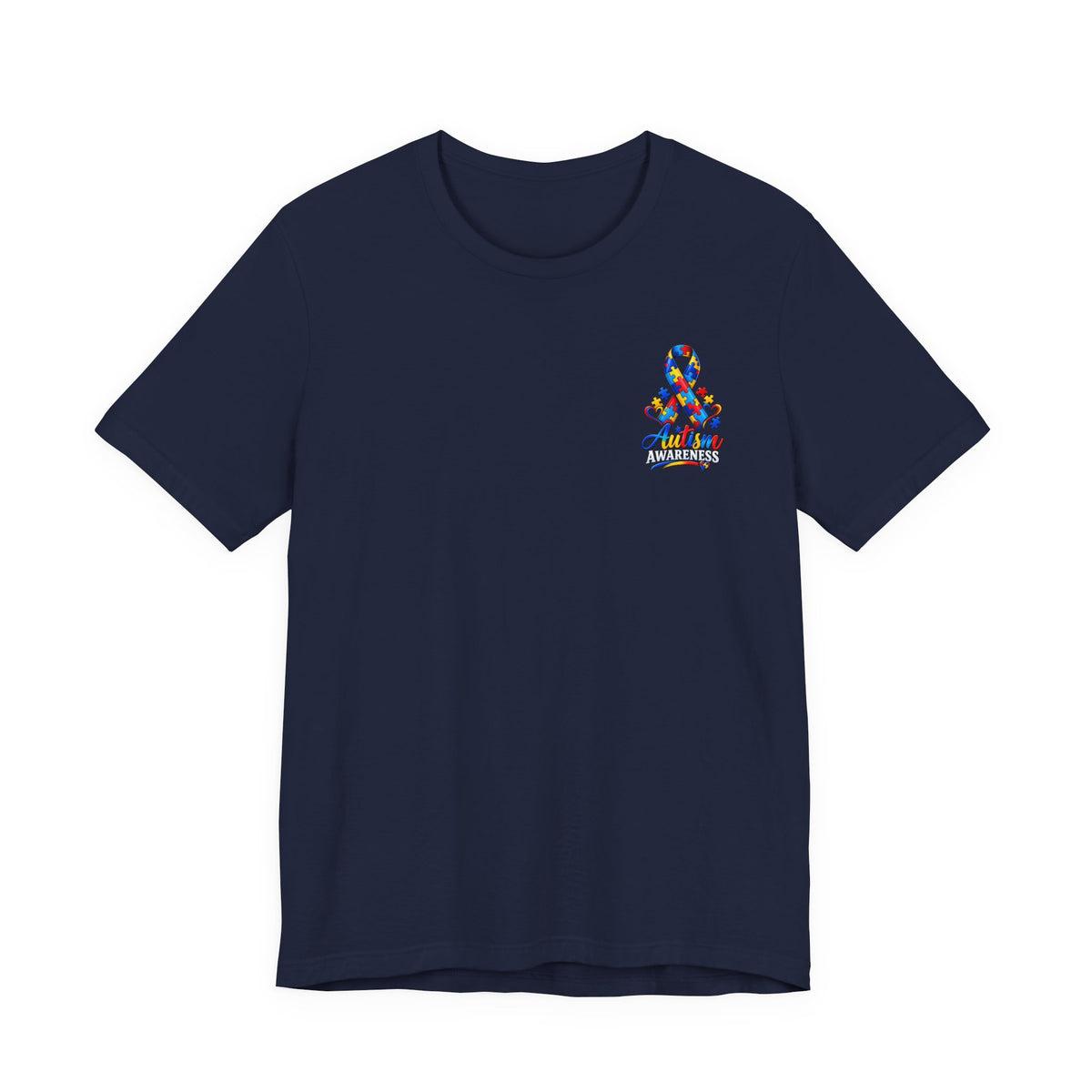 Autism Awareness Ribbon Chest Tee — 'Different, Not Less' Short Sleeve T-Shirt
