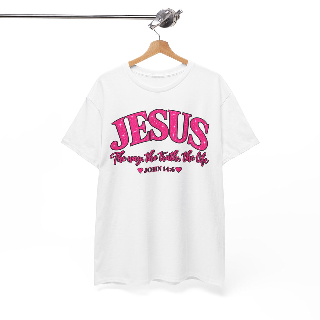 Christian T-Shirt — "JESUS The way, the truth, the life" (John 14:6) Pink Vintage Script