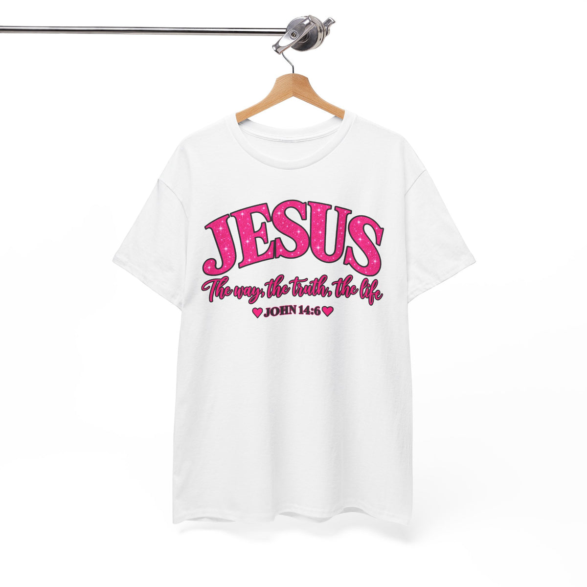 Christian T-Shirt — "JESUS The way, the truth, the life" (John 14:6) Pink Vintage Script