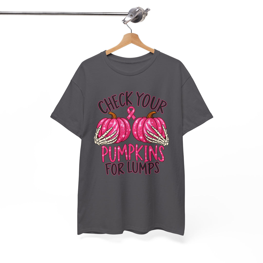Breast Cancer Awareness T-Shirt — "Check Your Pumpkins for Lumps" Pink Ribbon Tee