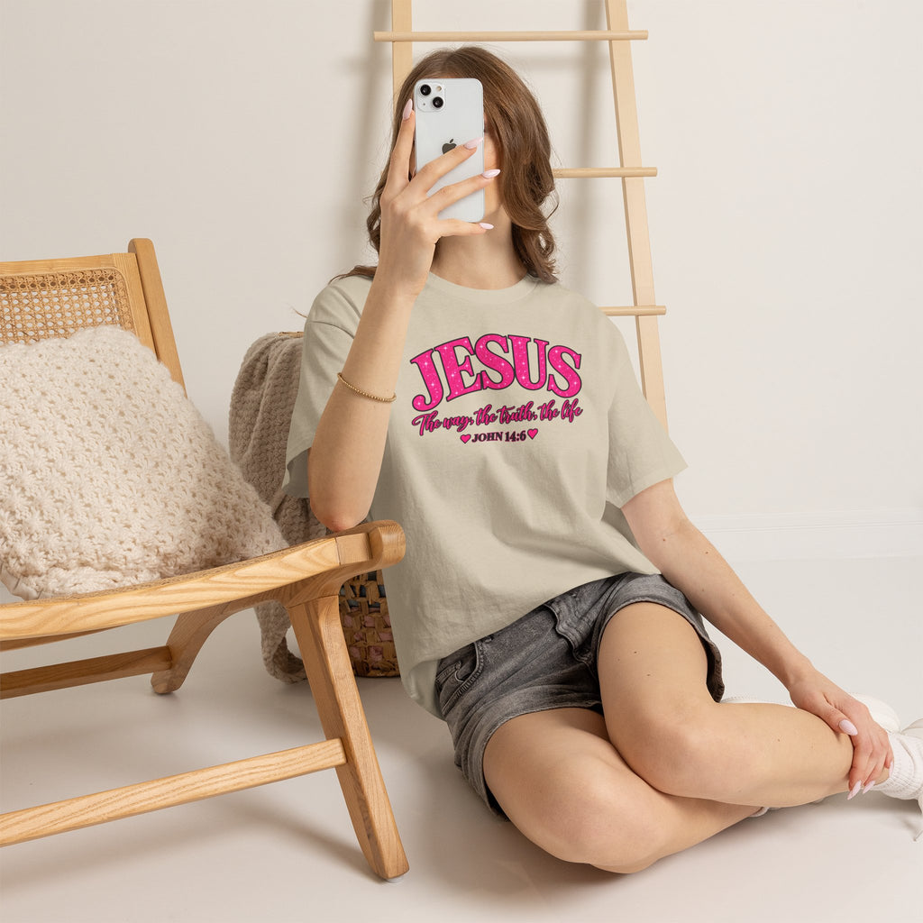 Christian T-Shirt — "JESUS The way, the truth, the life" (John 14:6) Pink Vintage Script