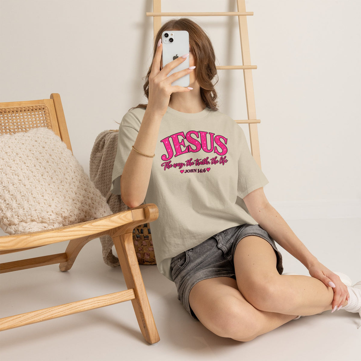 Christian T-Shirt — "JESUS The way, the truth, the life" (John 14:6) Pink Vintage Script