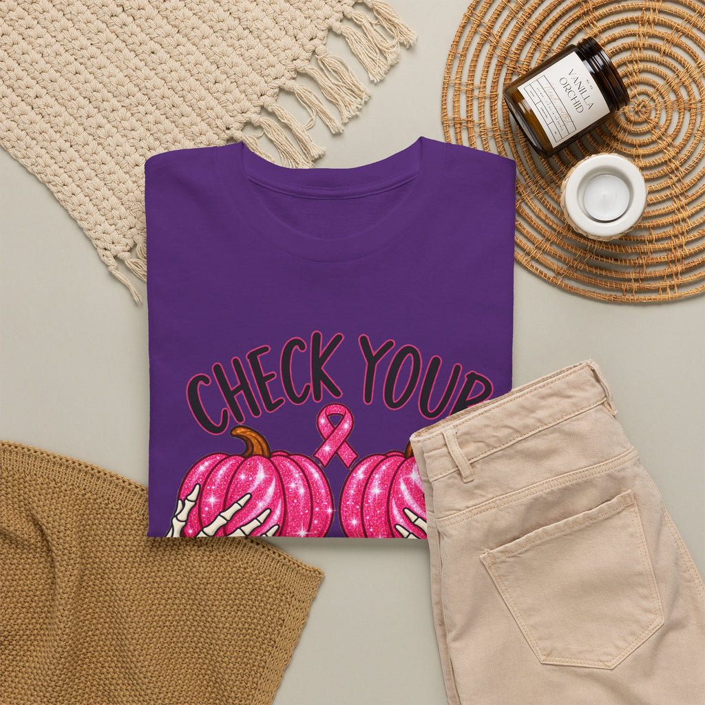 Breast Cancer Awareness T-Shirt — "Check Your Pumpkins for Lumps" Pink Ribbon Tee