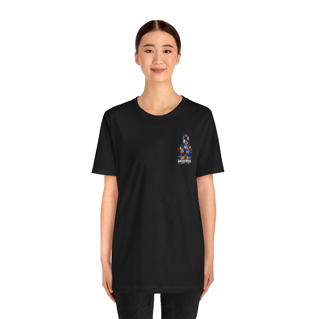 Autism Awareness Ribbon Chest Tee — 'Different, Not Less' Short Sleeve T-Shirt