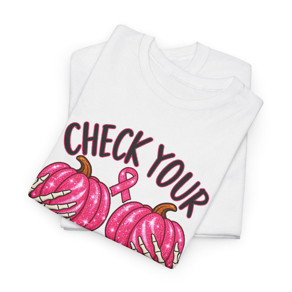 Breast Cancer Awareness T-Shirt — "Check Your Pumpkins for Lumps" Pink Ribbon Tee