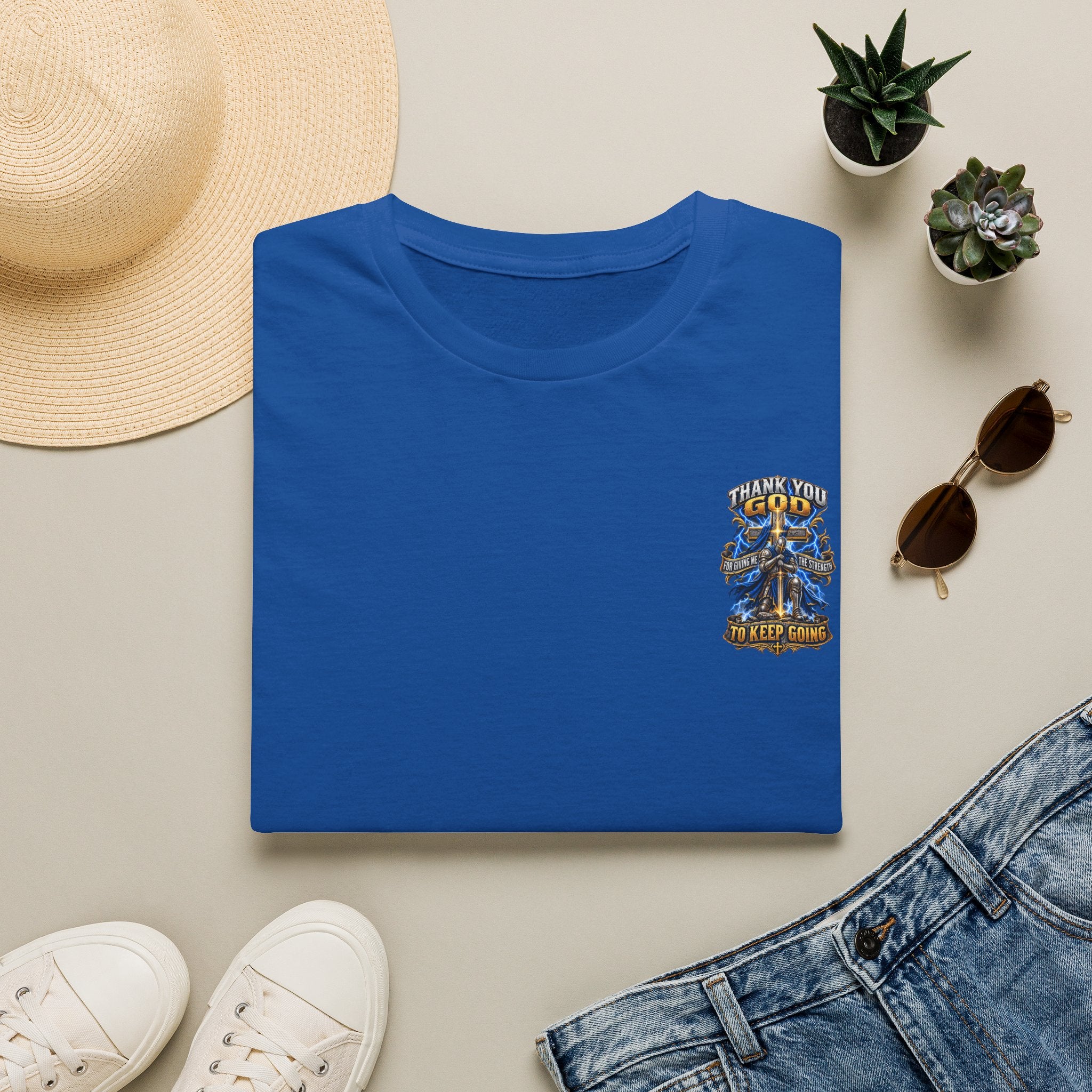 T-Shirt — "Thank You God I Keep Going" Faith Graphic Pocket Tee