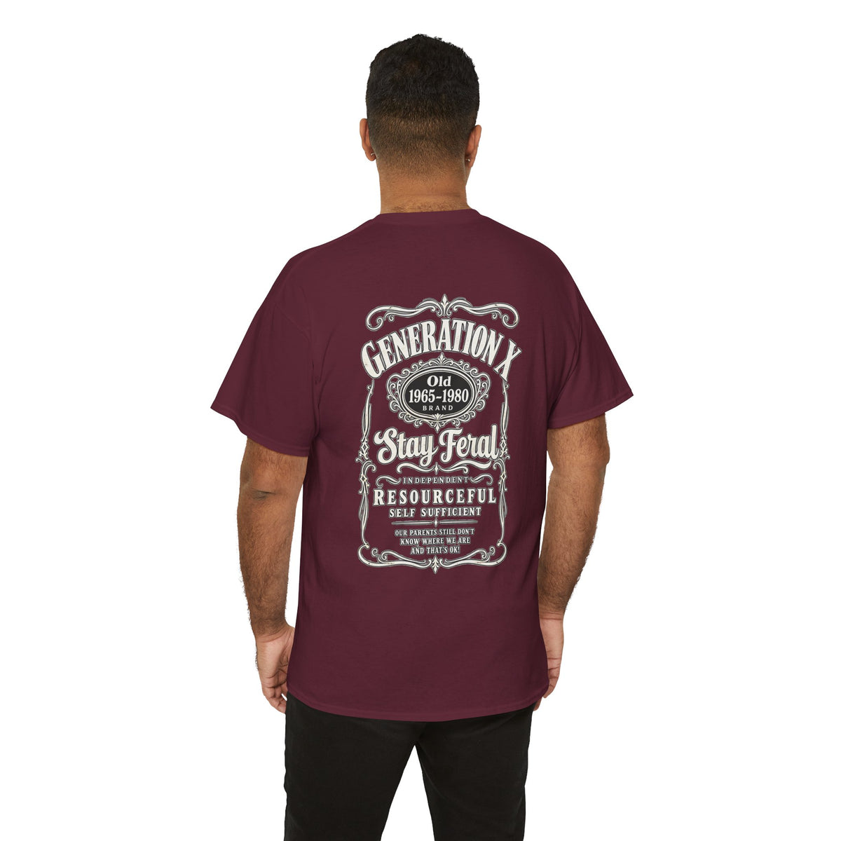 Generation X T‑Shirt — 'Stay Feral' Vintage Whiskey Label Tee (Born 1965–1980)