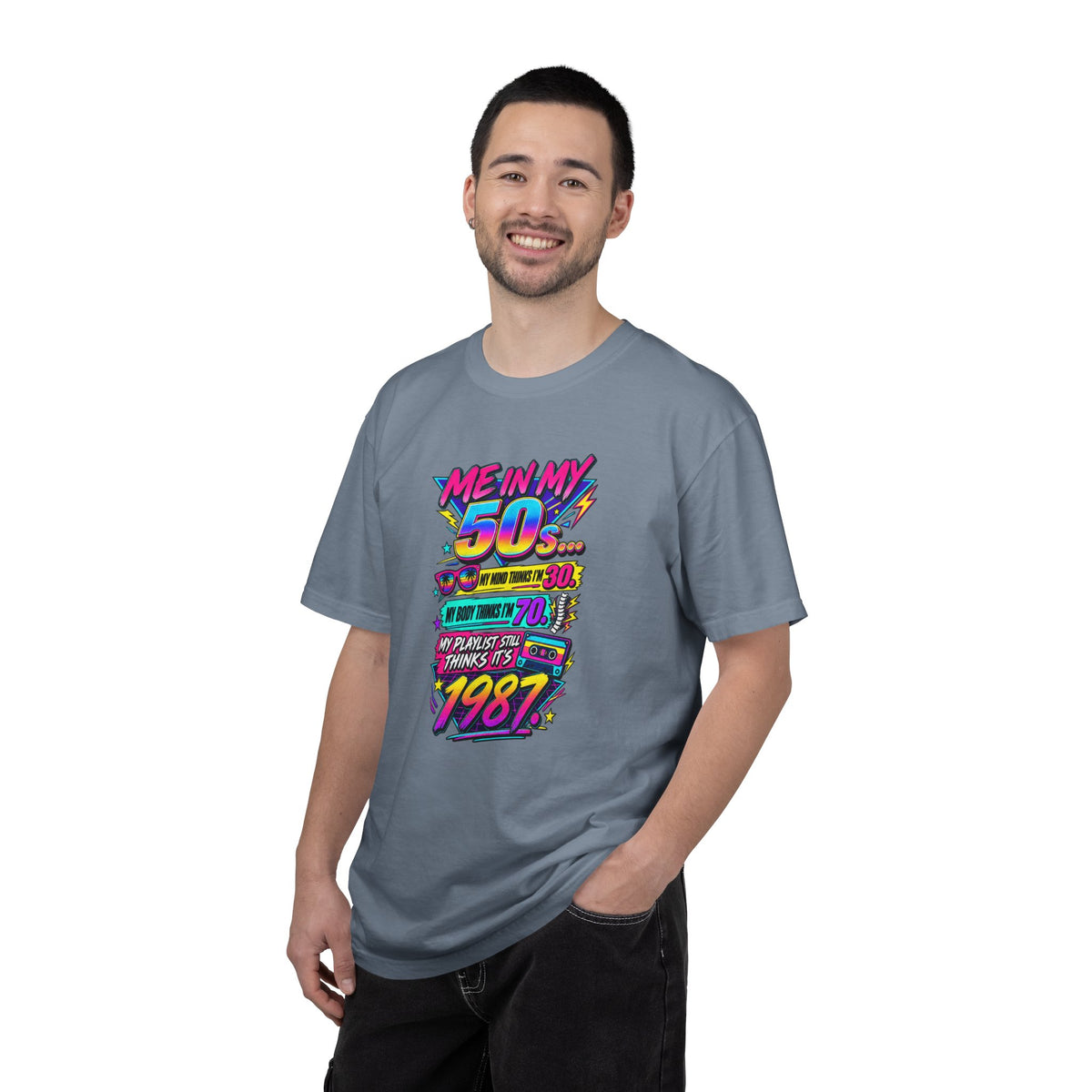 50th Birthday T-Shirt — "Me in My 50s... My Playlist Still Thinks It’s 1987" Retro Graphic Tee