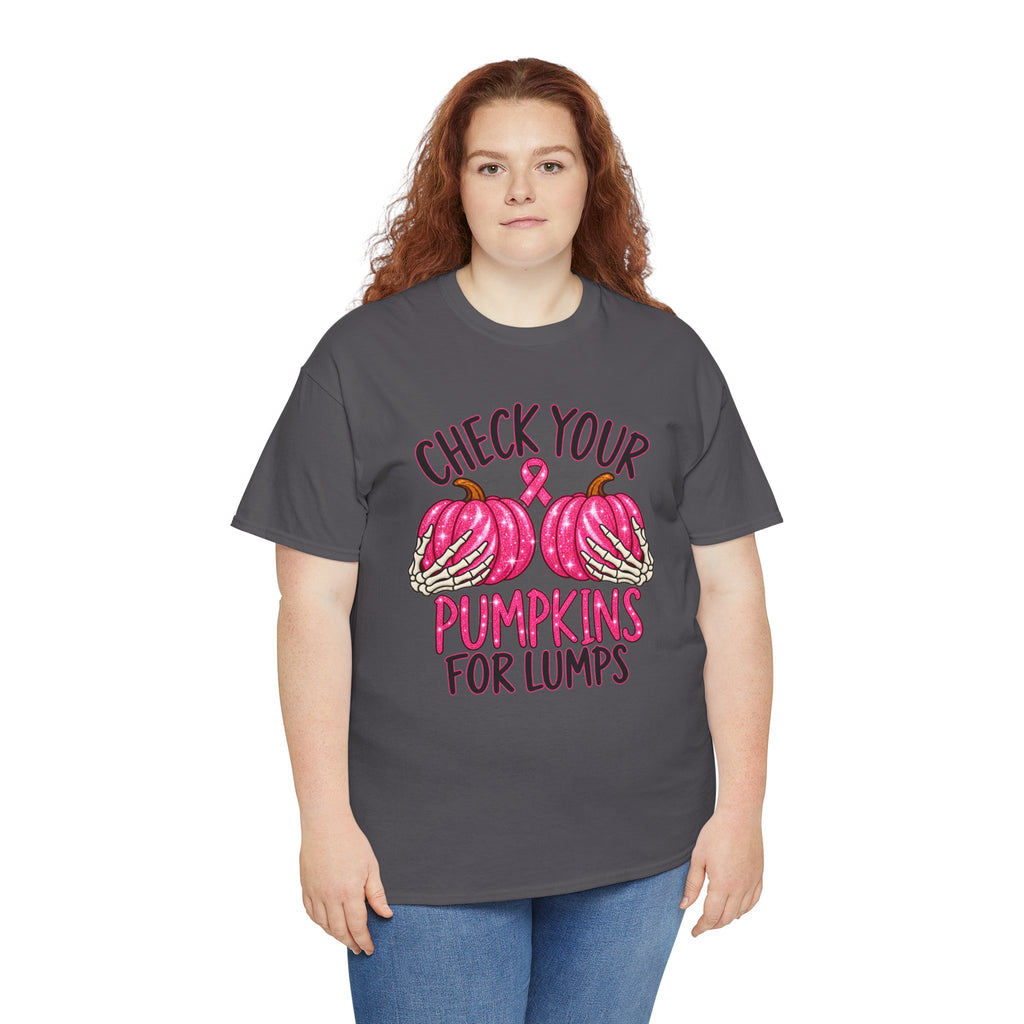 Breast Cancer Awareness T-Shirt — "Check Your Pumpkins for Lumps" Pink Ribbon Tee