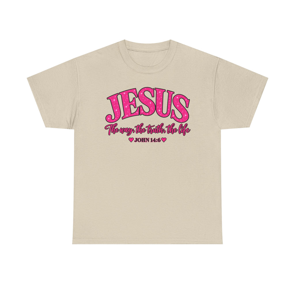 Christian T-Shirt — "JESUS The way, the truth, the life" (John 14:6) Pink Vintage Script