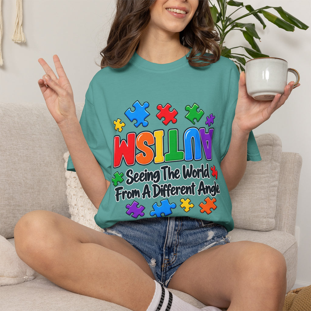 Autism Awareness T-Shirt — "Seeing the World From a Different Angle" Puzzle Design