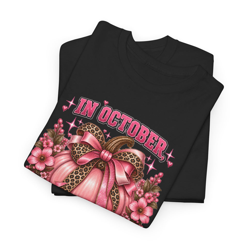 Breast Cancer Awareness T-Shirt — "In October We Wear Pink" Pumpkin Design
