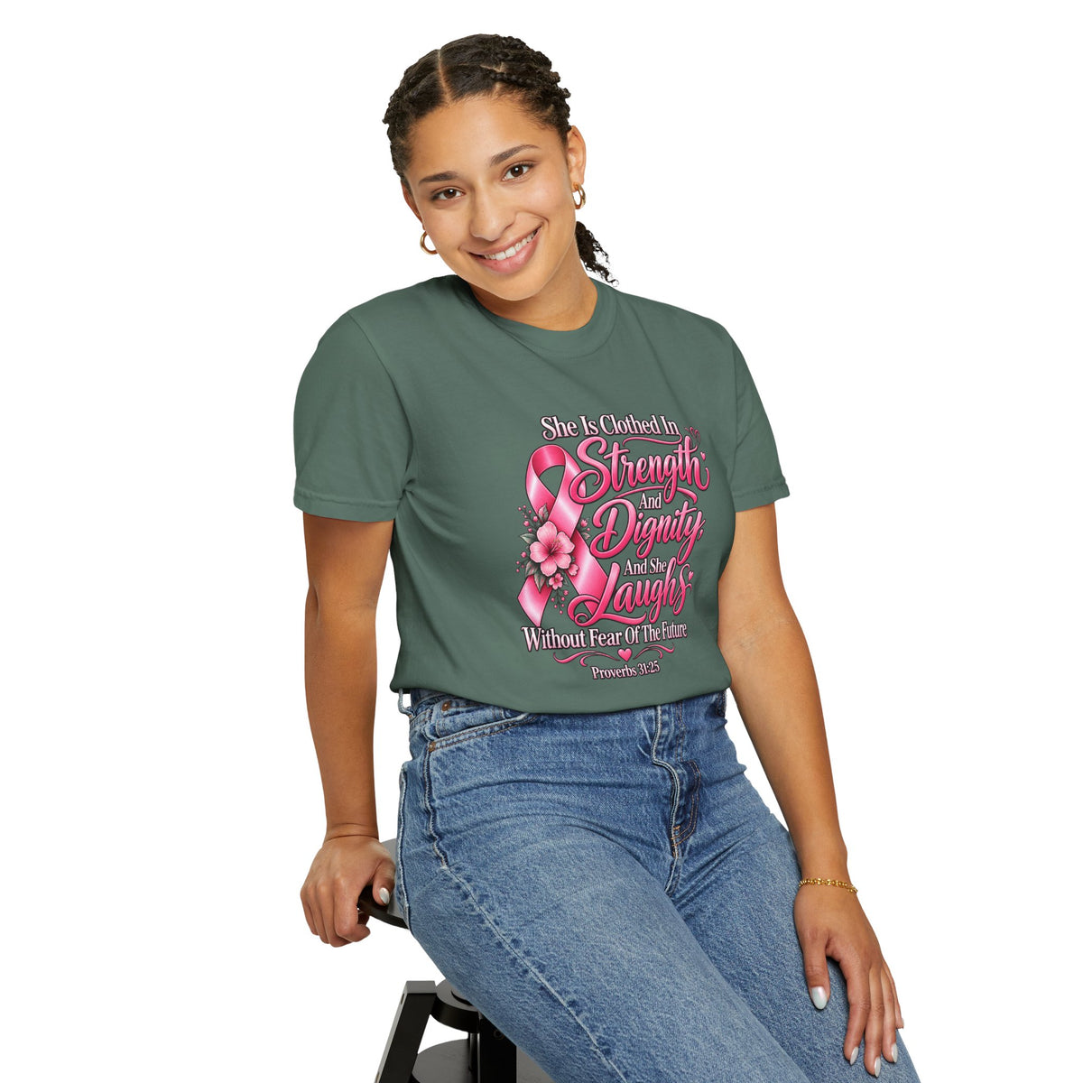 Breast Cancer Awareness T-Shirt — "She is Clothed in Strength" Pink Ribbon Tee