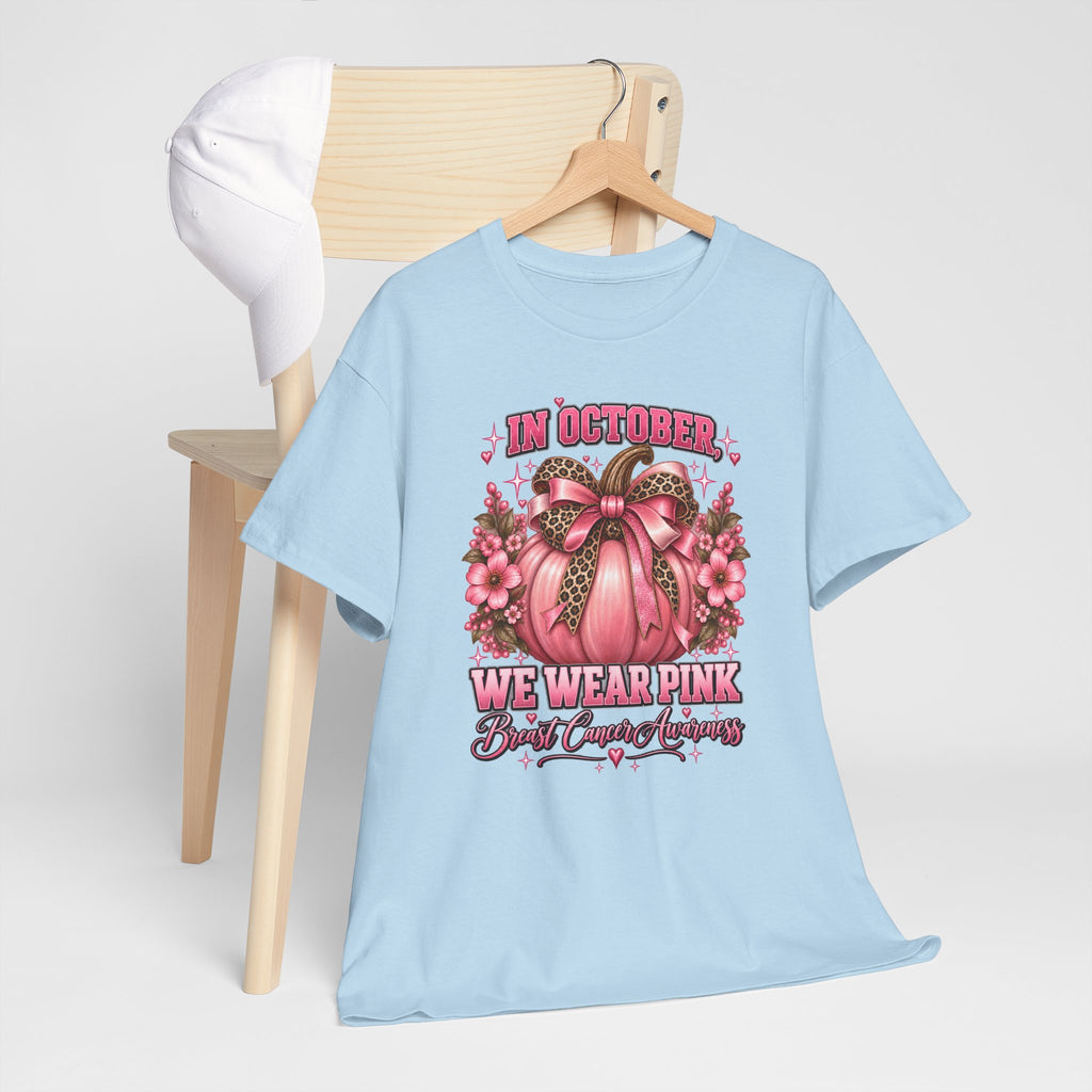 Breast Cancer Awareness T-Shirt — "In October We Wear Pink" Pumpkin Design