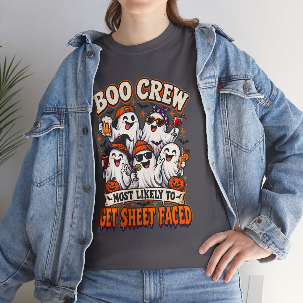 Boo Crew Halloween T-Shirt — “Most Likely to Get Sheet Faced” Funny Ghost Party Tee
