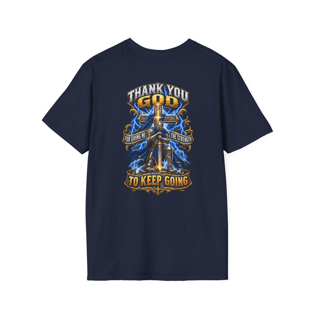 T-Shirt — "Thank You God I Keep Going" Faith Graphic Pocket Tee