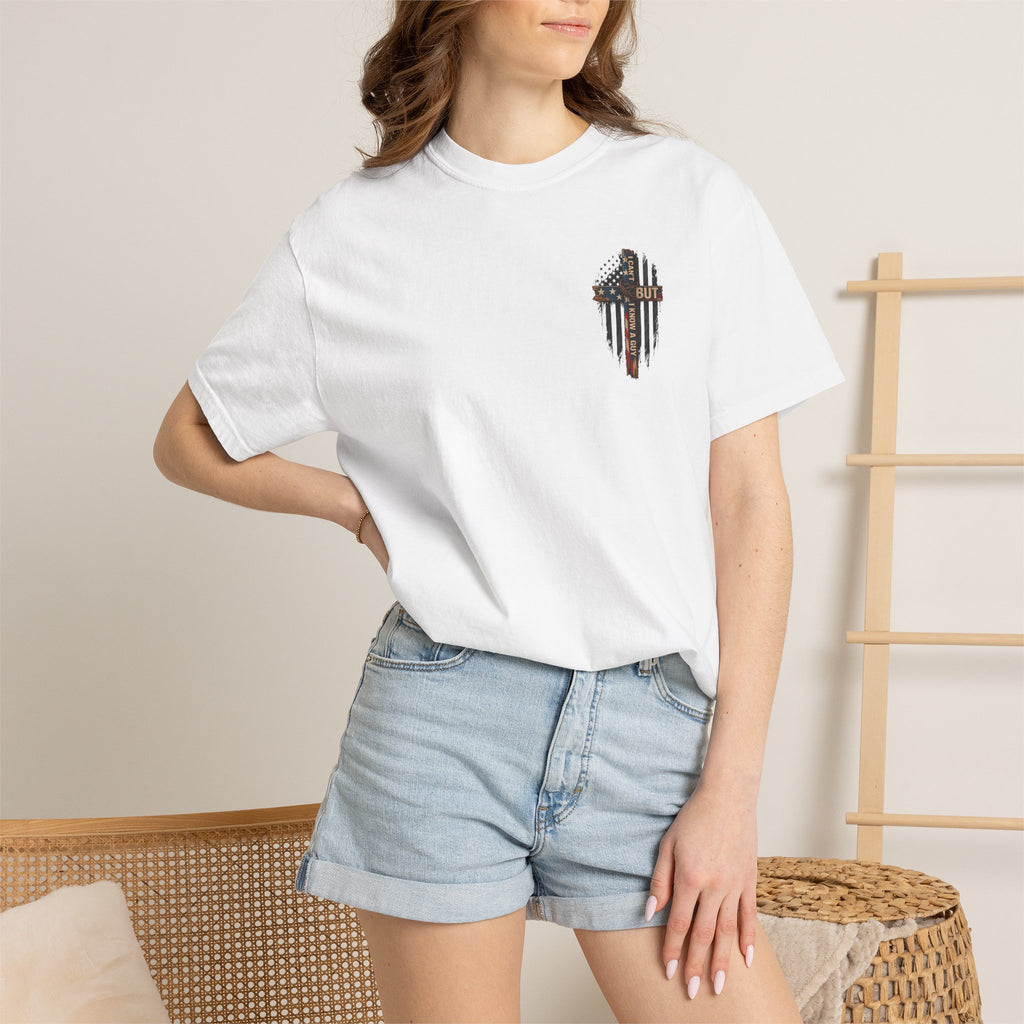 T-Shirt — 'I Can't But I Know A Guy' American Flag Cross Graphic