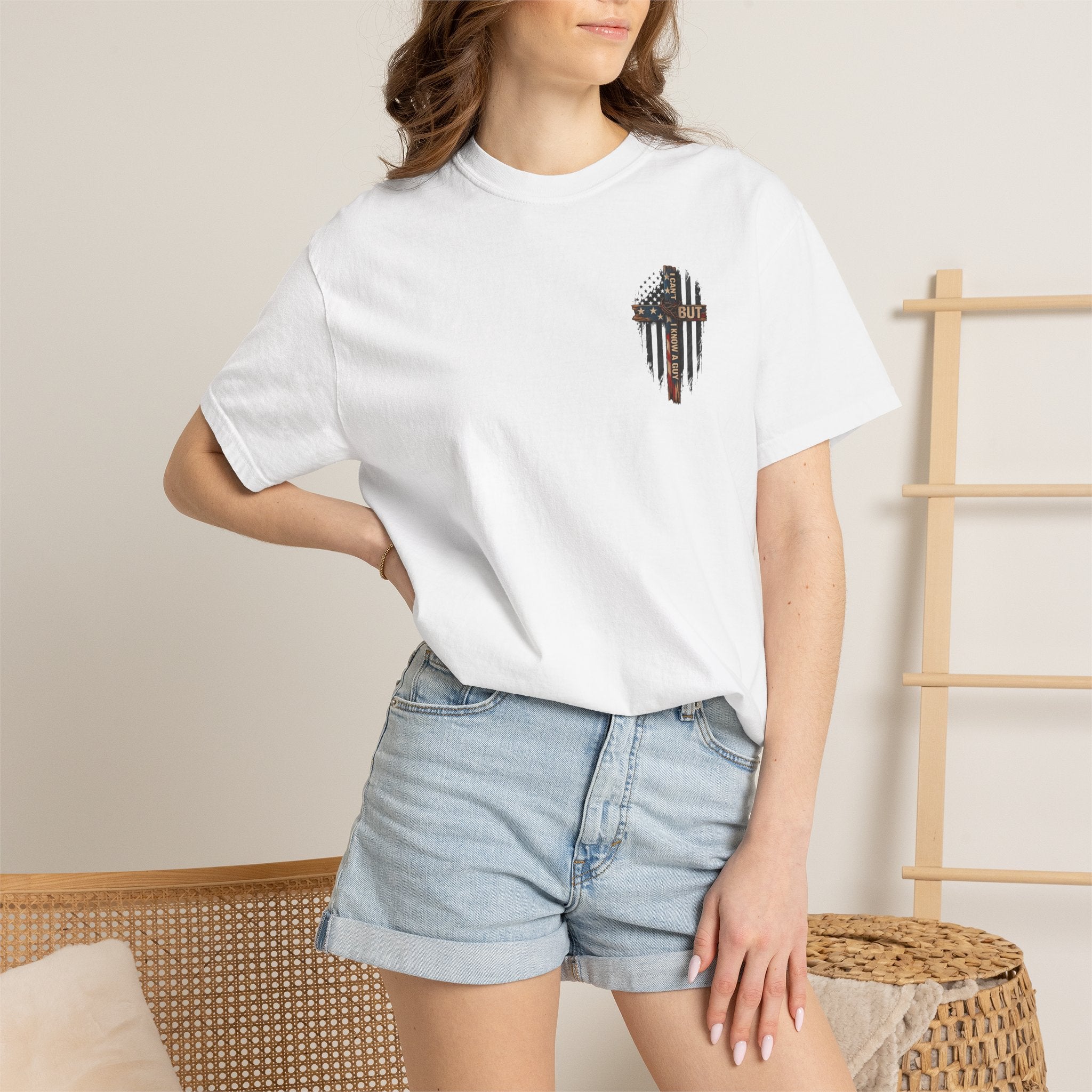 T-Shirt — 'I Can't But I Know A Guy' American Flag Cross Graphic